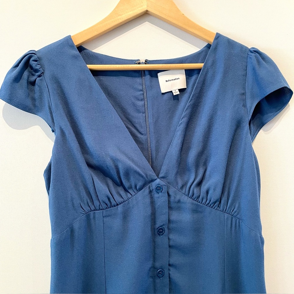 Reformation Dusty Blue V-Neck Button-Front Wilda Dress Size 8